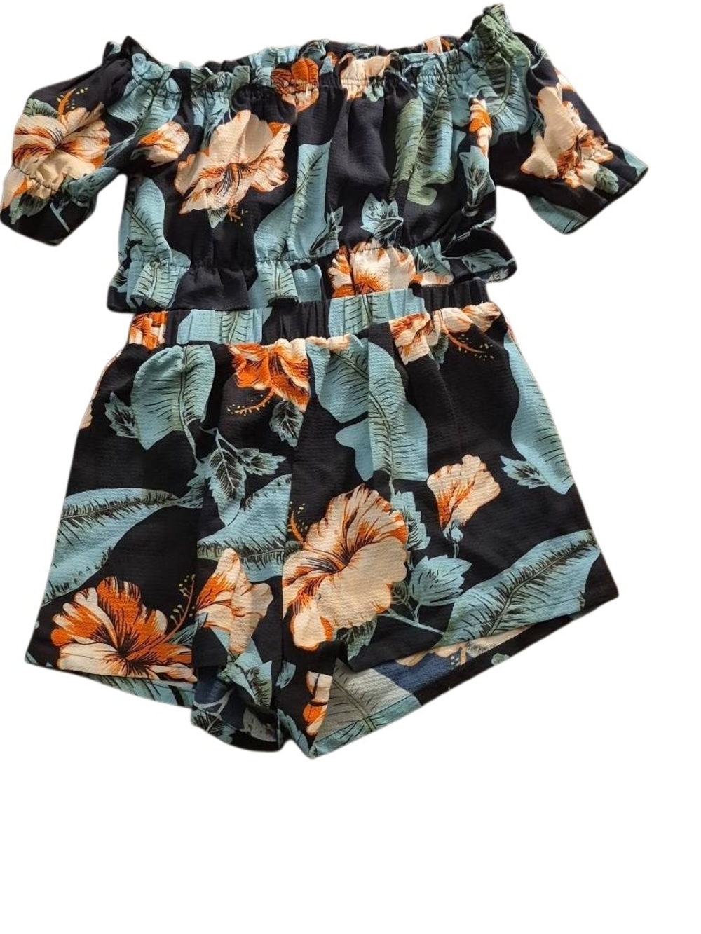 Girls Black Floral Off-Shoulder Shorts Set(141)